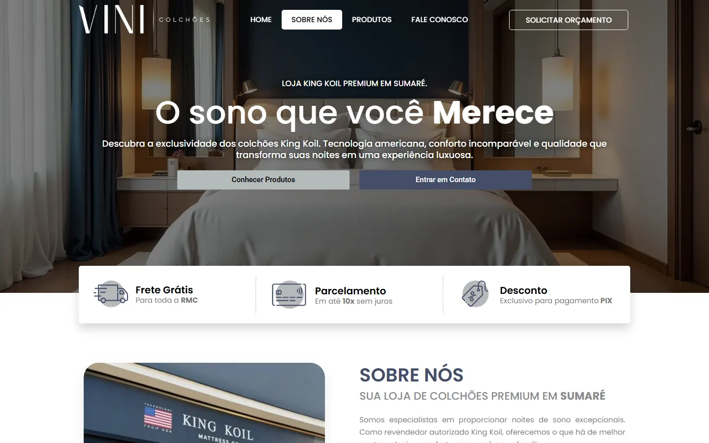 Site Vini Colchões desenvolvido pela MineTech — Landing page